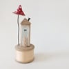 Little House on a Vintage Wood Bobbin with Clay Toadstool