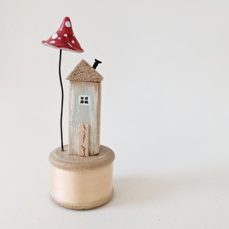 Little House on a Vintage Wood Bobbin with Clay Toadstool
