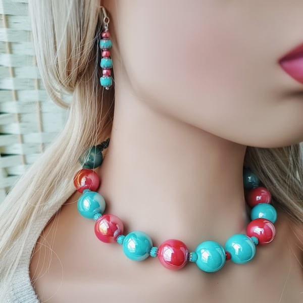 Red and Turquoise Chunky Ceramic Beads Necklace
