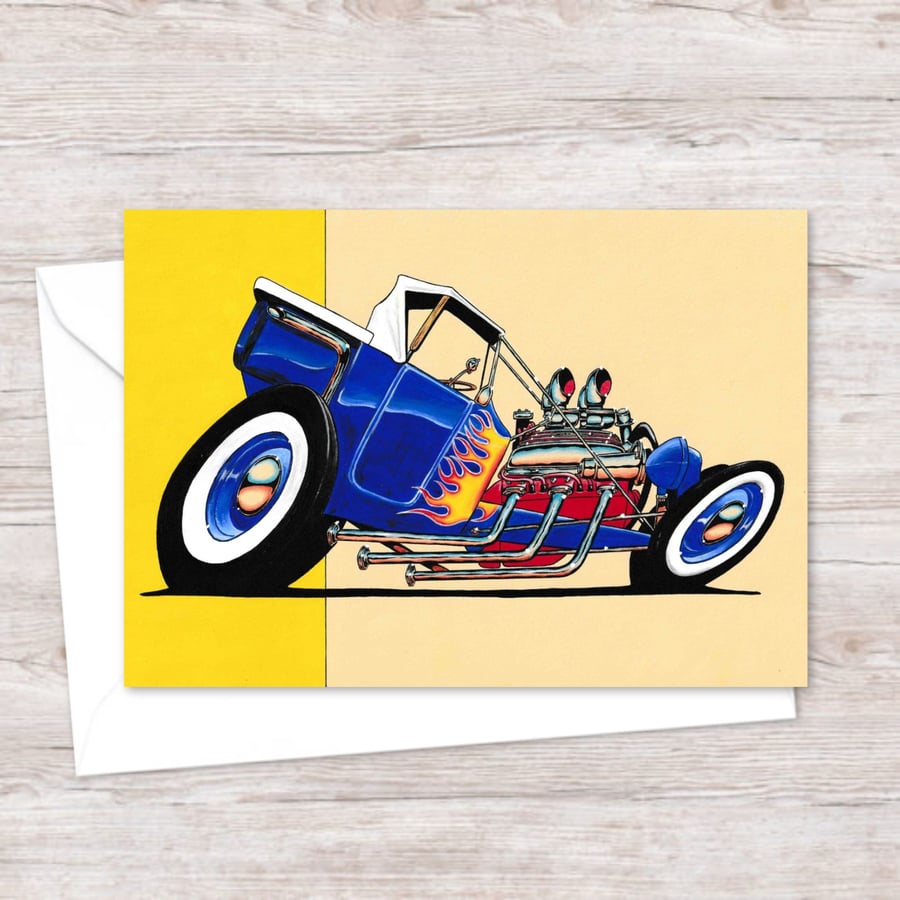 Flaming Hot Rod Greeting Card: Hand Drawn Illustration for a Car Lover (401)