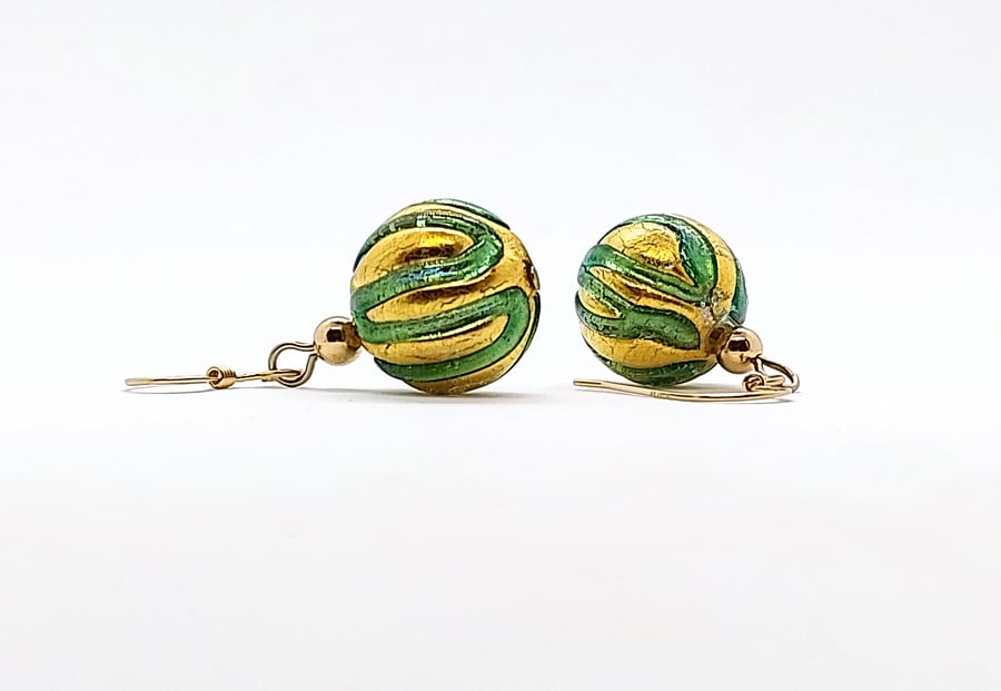 Green and Gold Murano Glass Earrings, Gold-Filled Beads and Earwires