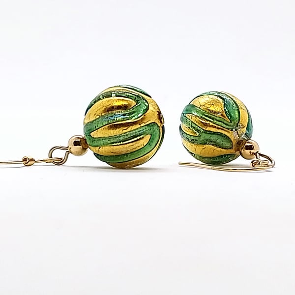 Green and Gold Murano Glass Earrings, Gold-Filled Beads and Earwires