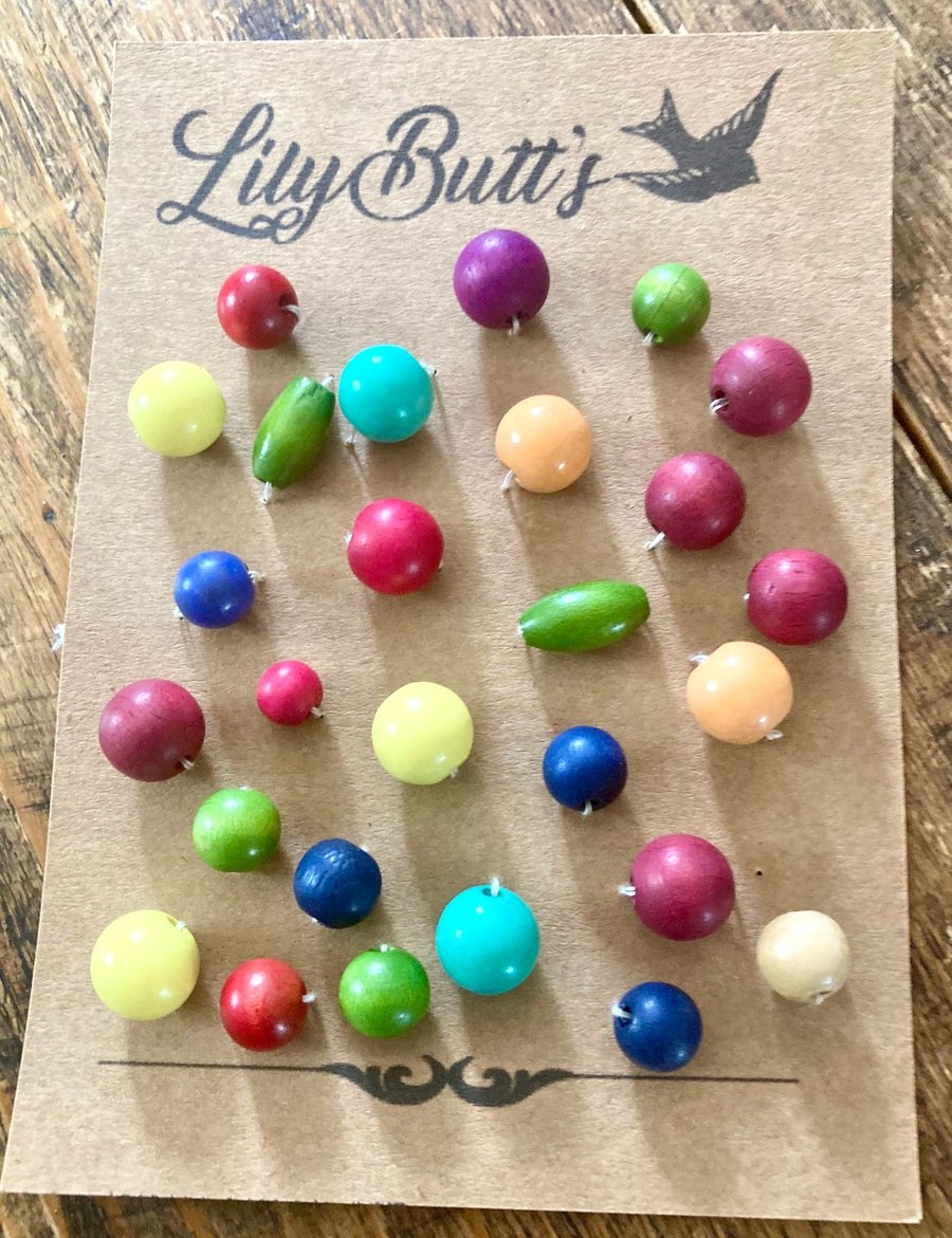 27 Vintage Multicoloured Wooden Beads - 6mm - 15mm