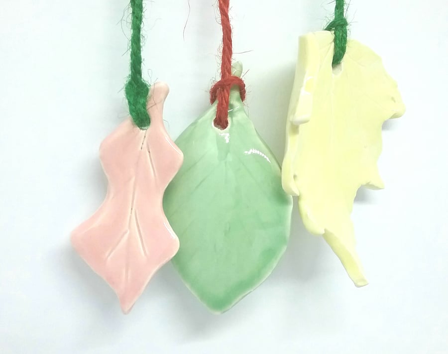 Handmade ceramic Christmas tree decoration x 3 in pink yellow and green glaze