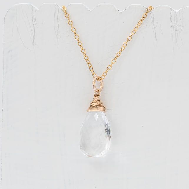 Rock Crystal Quartz Briolette Pendant on 14K Gold Fill Chain