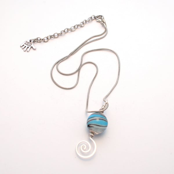 Blue Glass Bead Necklace - Striped Bead and Silver Wire Spiral Pendant