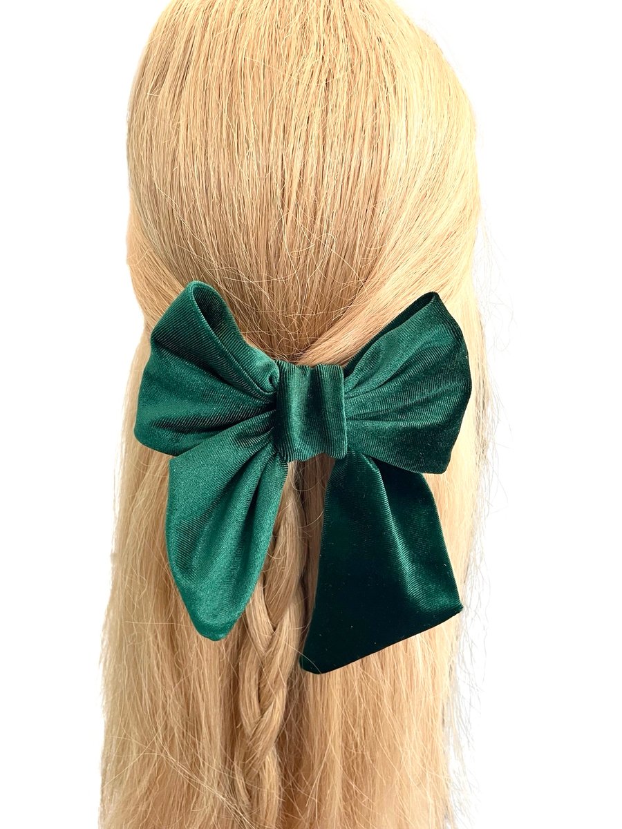 Luxury dark green velvet hair bow barrette clip for women