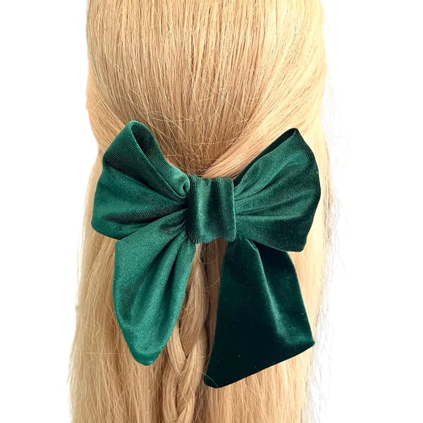 Luxury dark green velvet hair bow barrette clip for women