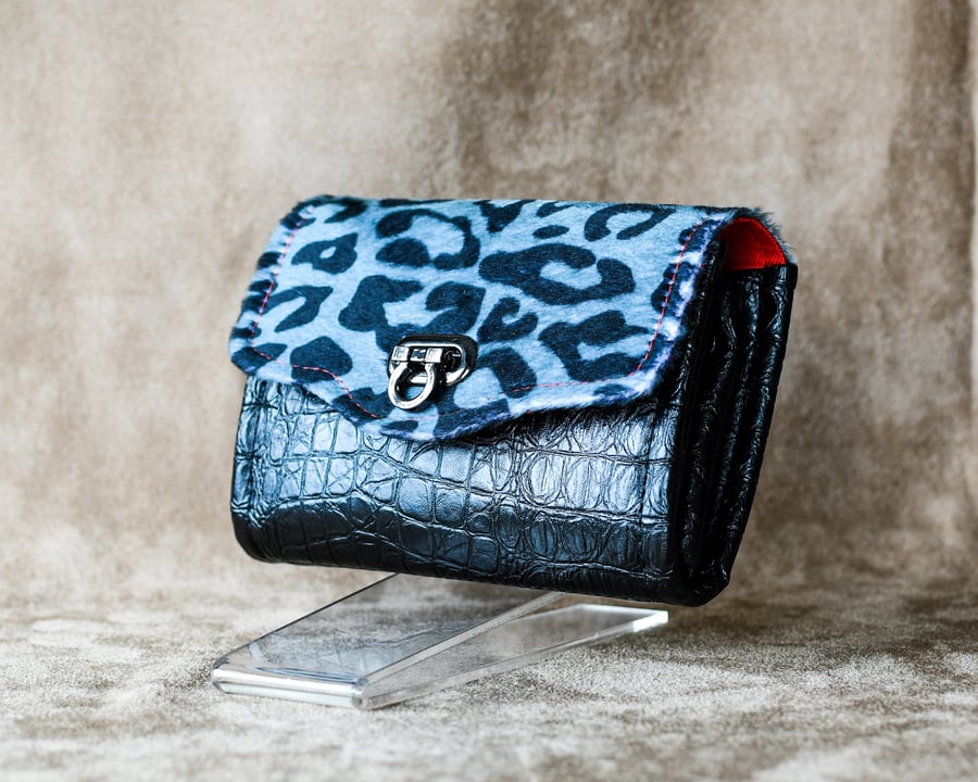 Black faux croc print vinyl and grey leopard print clutch purse wallet