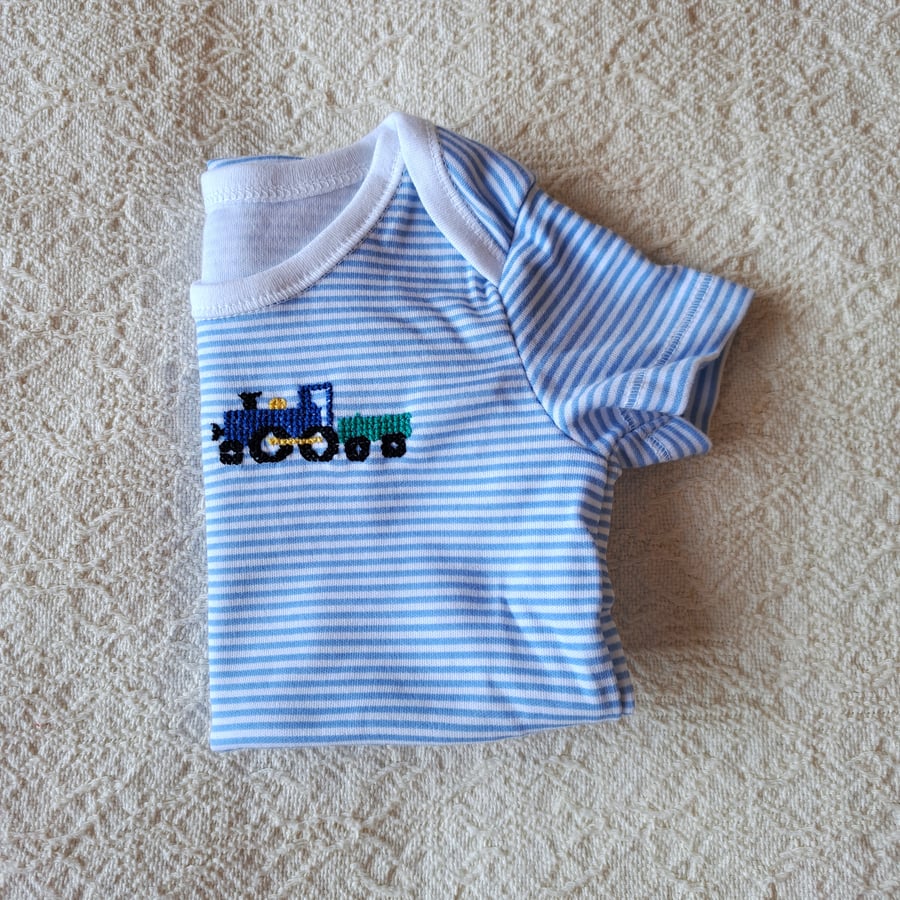 Train, baby vest, age 3-6 months, hand embroidered