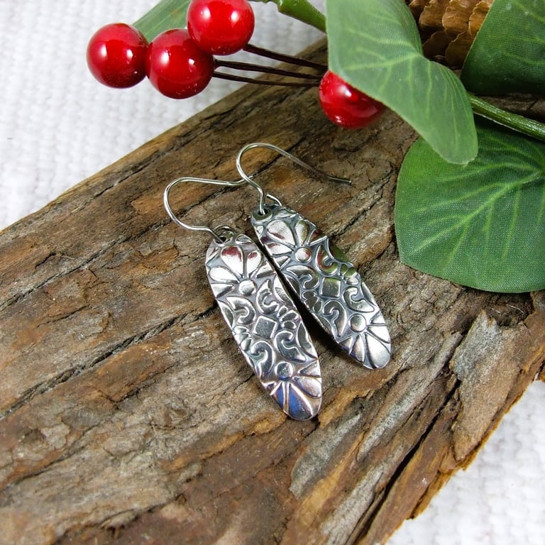 Earrings, Sterling Silver Floral Pattern Long Oval Droppers