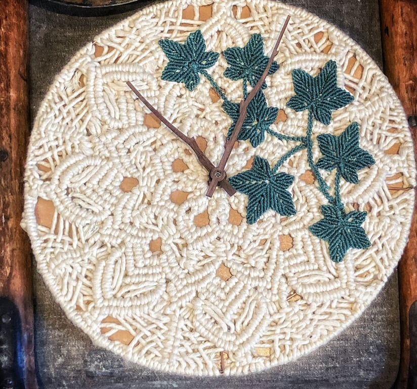 Wall Clock, Macrame clock and ivy leaves,  includes free UK delivery