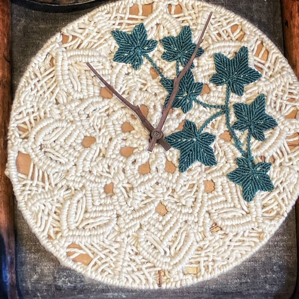 Wall Clock, Macrame clock and ivy leaves,  includes free UK delivery