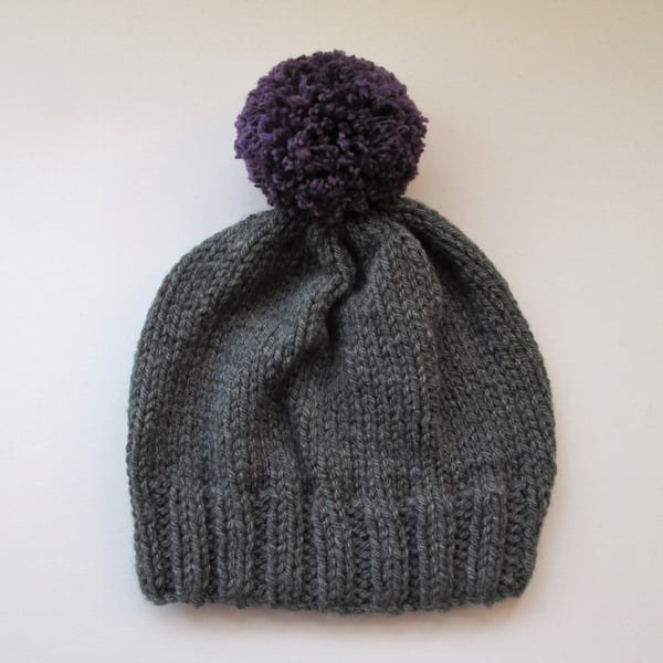 Bobble Hat in Grey Chunky Yarn with Purple Pom Pom