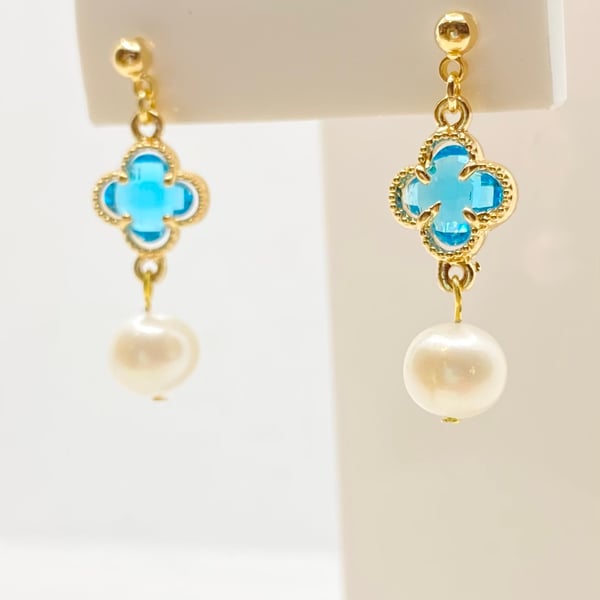 Freshwater Pearl and Blue Four Leaf Clover Zircon Gold Plated Earrings