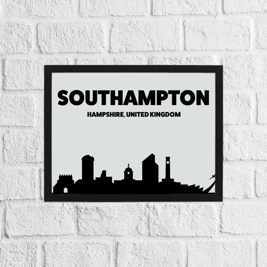 Skyline silhouette of Southampton, Hampshire, UK, grey and black print, wall art