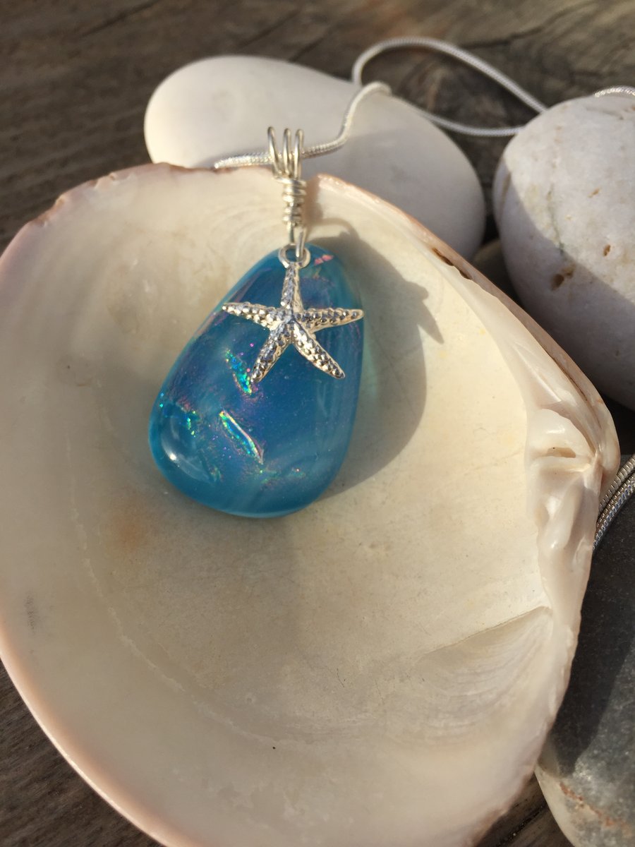 Silver & Glass Necklace in Teal with Starfish Charm