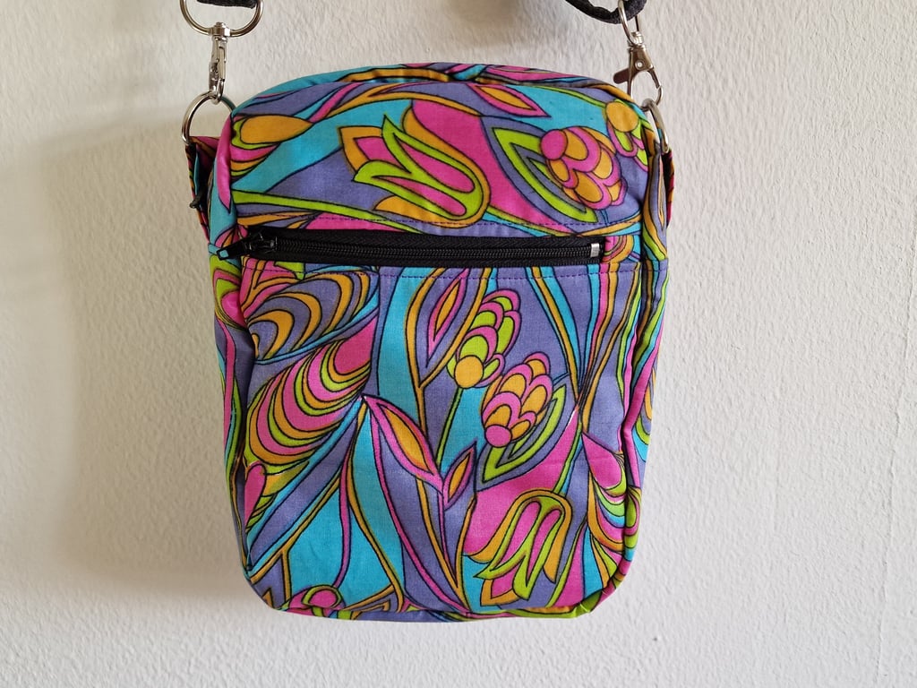 Handmade crossbody bag using repurposed fabrics psychedelic 
