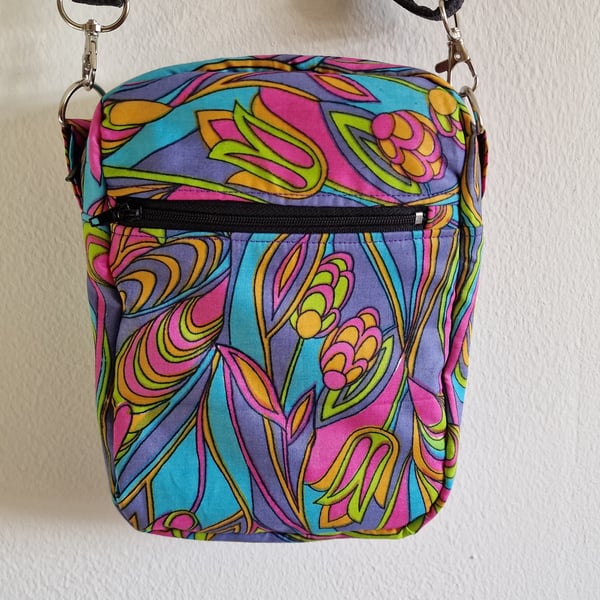 Handmade crossbody bag using repurposed fabrics psychedelic 