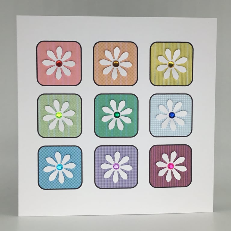 Blank card - white flowers on rainbow squares