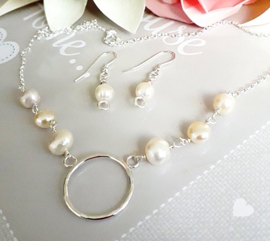 Pearl necklace with earrings sterling silver , Wedding , Anniversary 