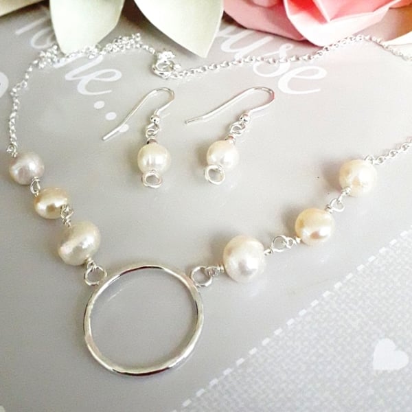 Pearl necklace with earrings sterling silver , Wedding , Anniversary 