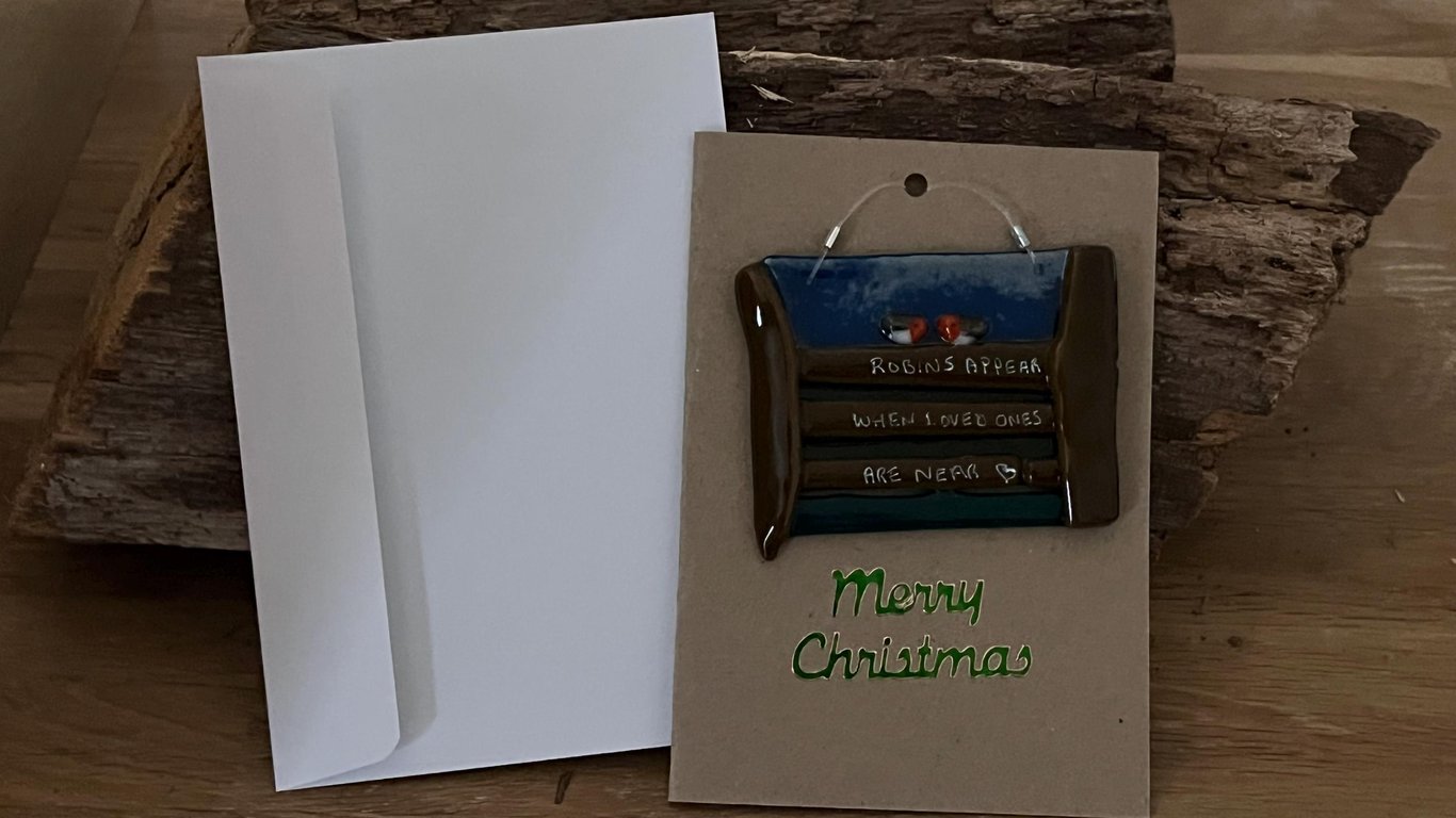 Handcrafted Robin Christmas Card with Artisan Fused Glass Tree Decoration