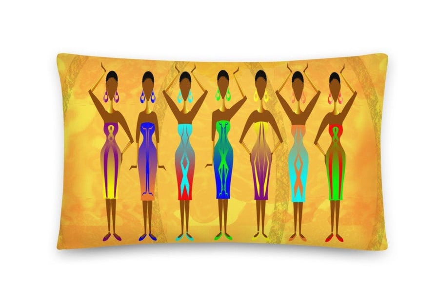 CUSHION - LADIES in COLOUR YELLOW. AfroCentric Artwork. Faux Suede or Poly Linen