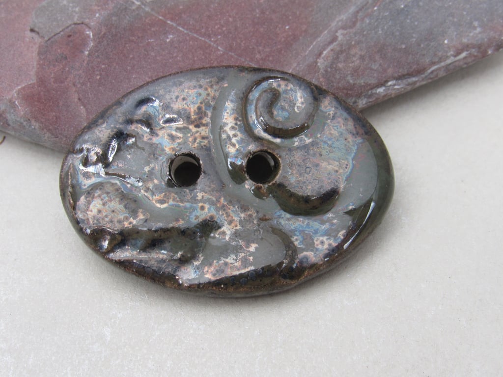 Large Obsidian Brocade Oval Handmade Ceramic Button