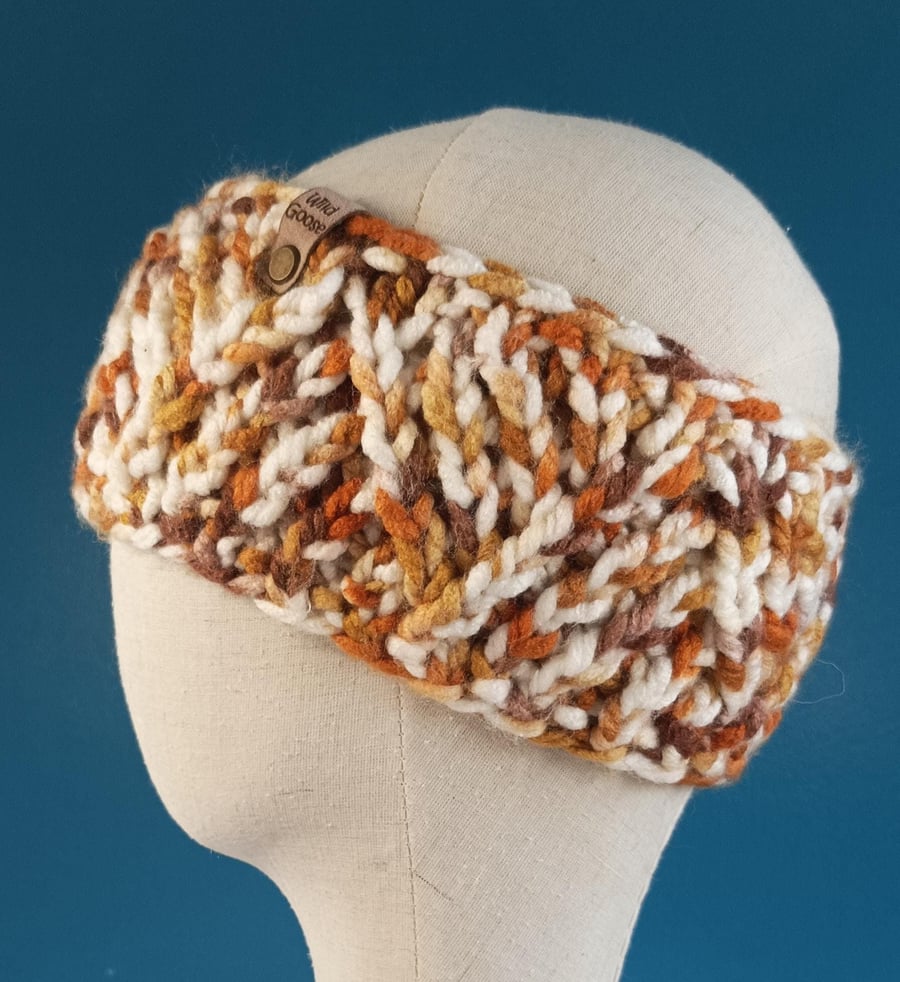 Hand Knit Headband: Orange, brown & white Ear Warmer in acrylic yarn. Adult fit