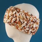 Hand Knit Headband: Orange, brown & white Ear Warmer in acrylic yarn. Adult fit