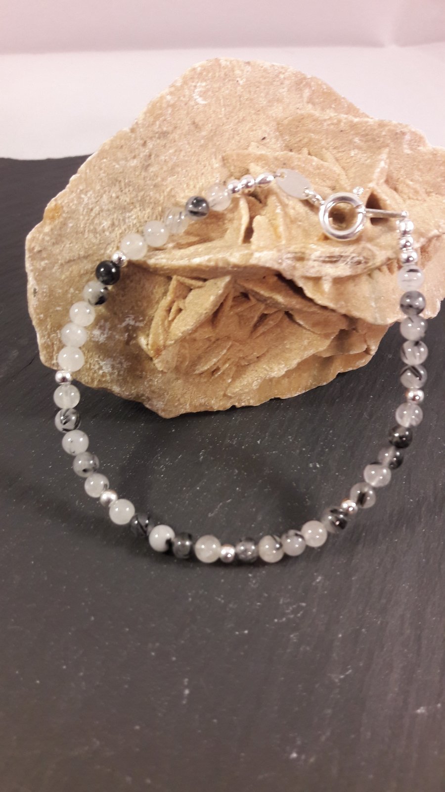 Black Rutile Quartz and Sterling Silver Bracelet with Your Choice of Charm