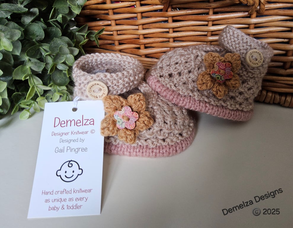 Designer Baby Girl's  Lacey Fawn Flower Hand Knitted Shoes  3-6 months size