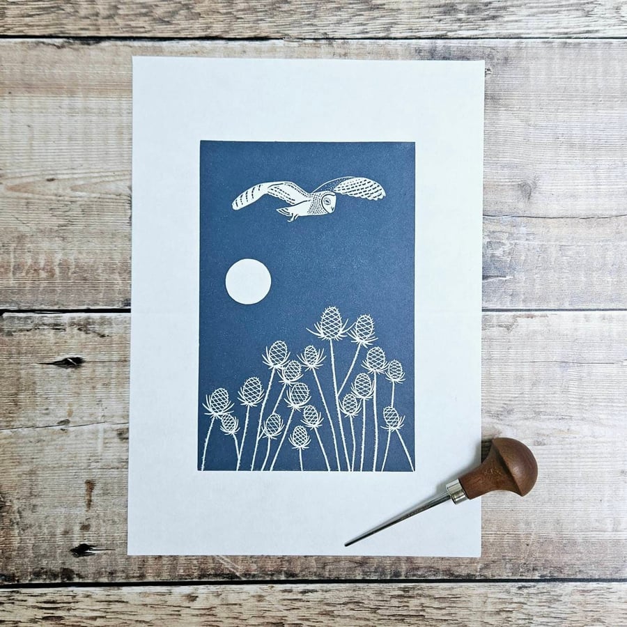 Owl and Teasels - Original linocut print inspired by an owl who flew by