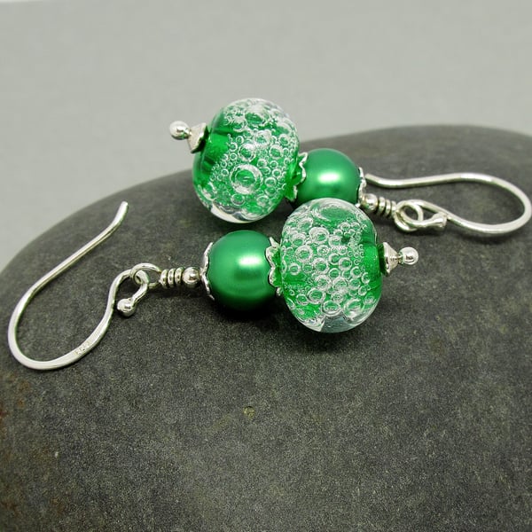 Green Lampwork Glass and Pearl Bead Earrings - Sterling Silver