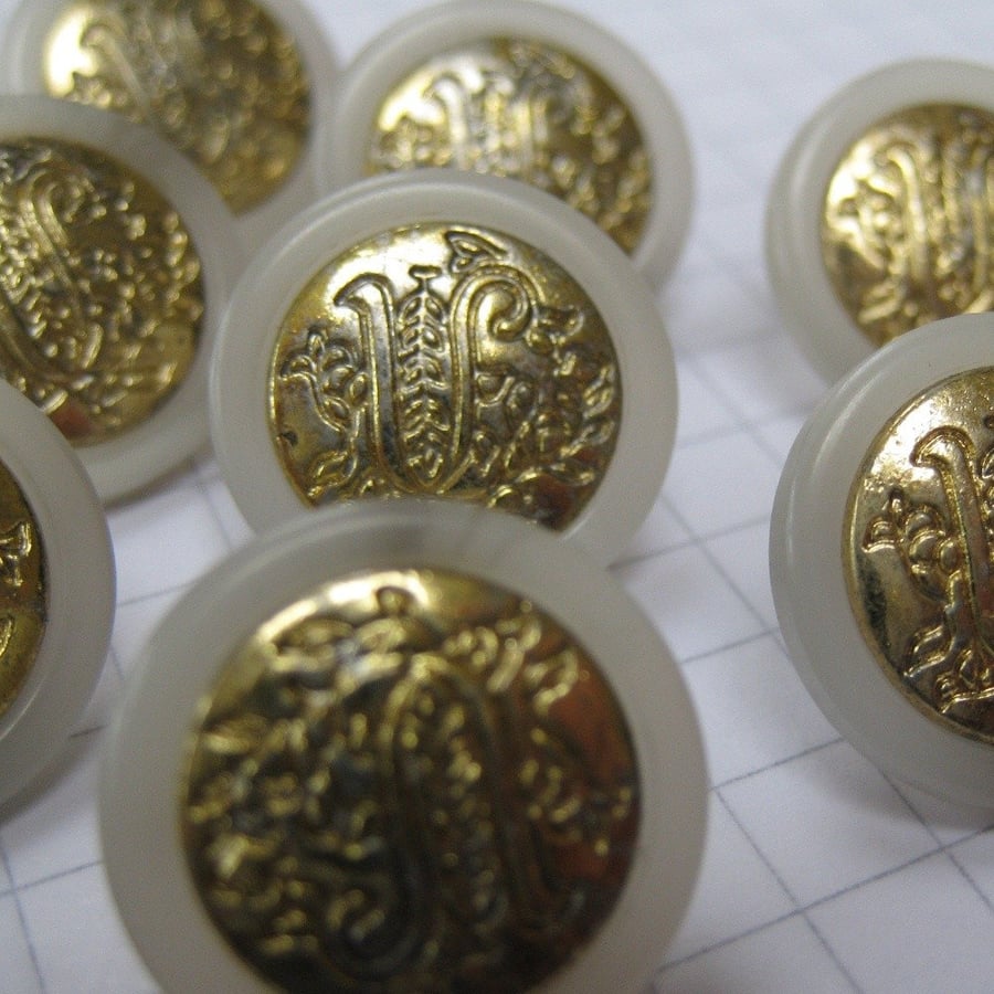 10 Small Gold Metal and White Plastic Shank Buttons