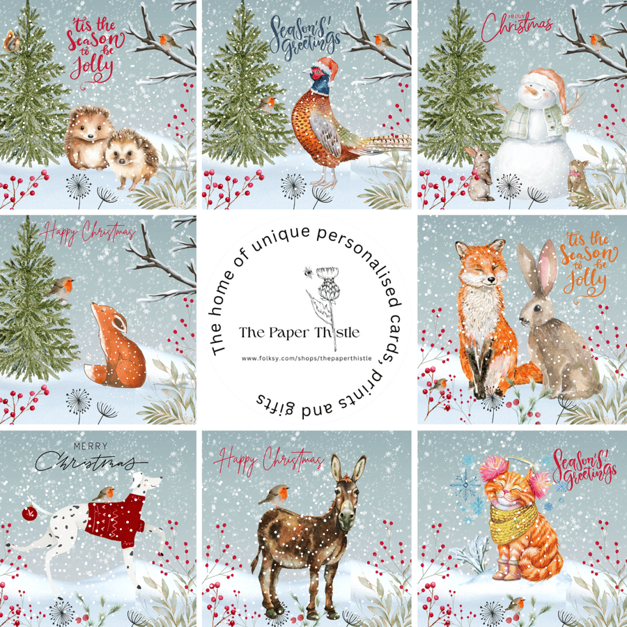 Box Set of 8 hand illustrated animal Christmas cards
