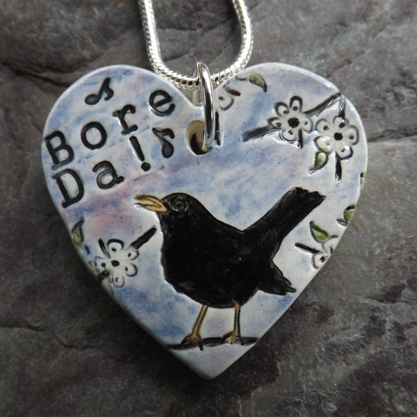 Handmade Ceramic Bore Da Blackbird heart pendant