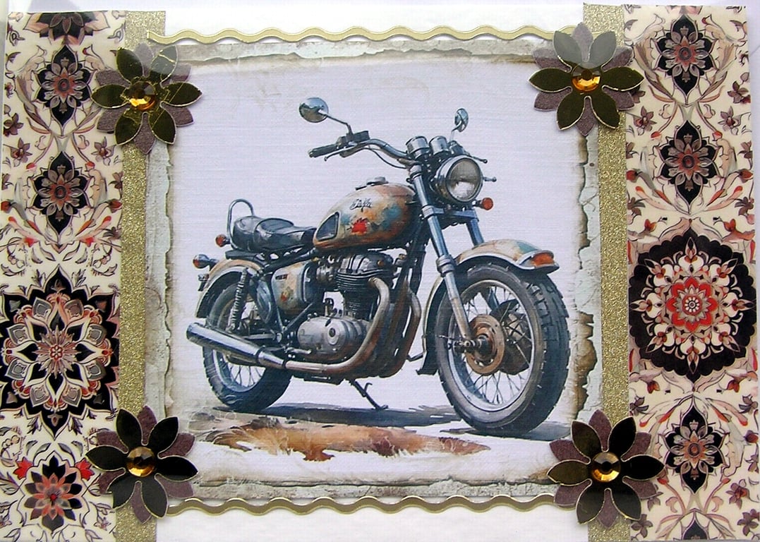 Retro Motorbike - Hand Crafted Decoupage Greeting Card - Blank - 3050