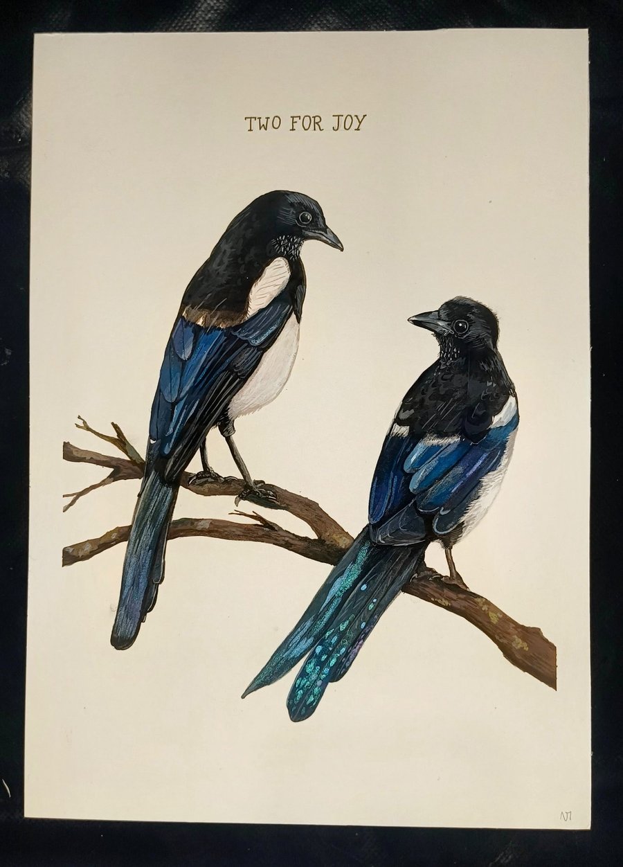 Original Magpie A4 gouache painting metallic 