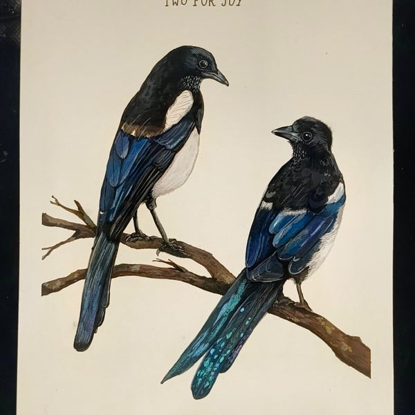 Original Magpie A4 gouache painting metallic 
