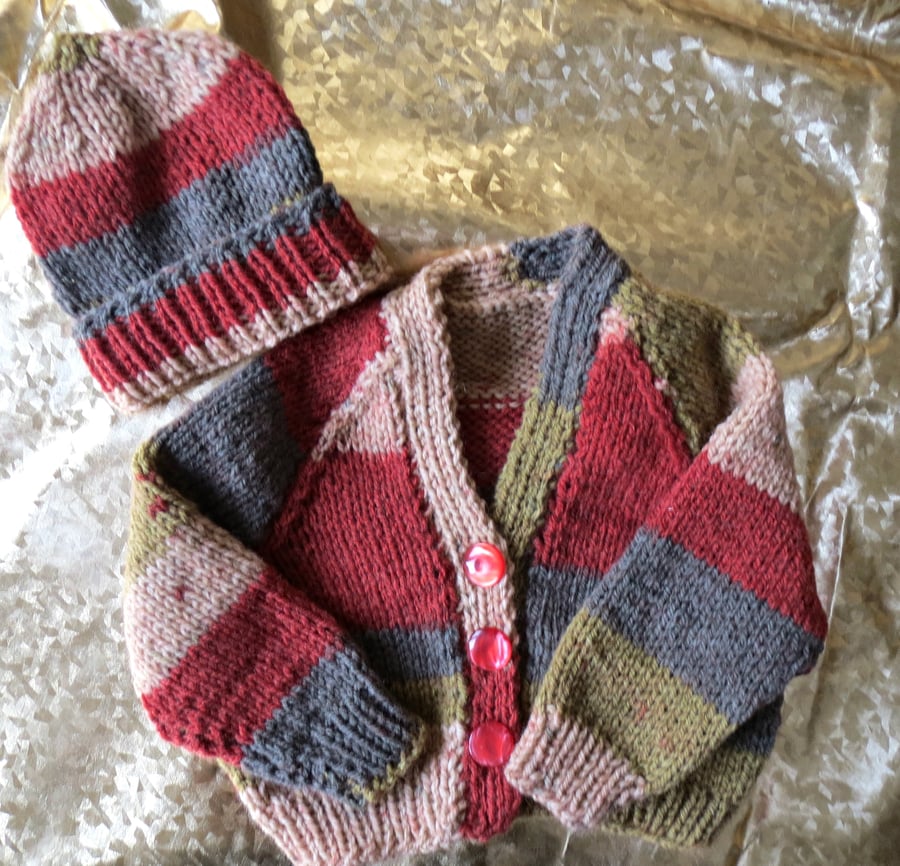 Hipster Baby hand knitted striped cardigan and beanie hat