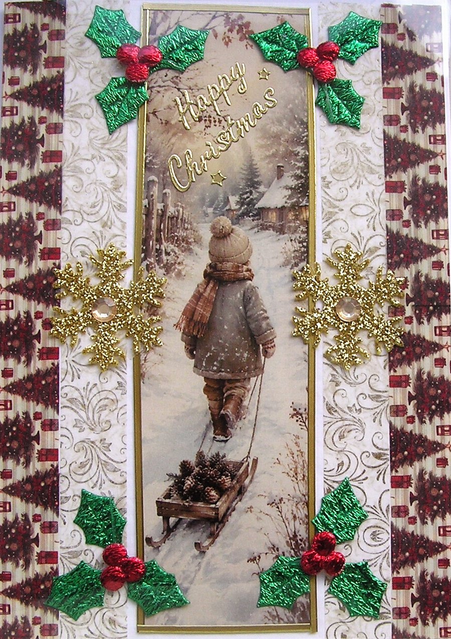 Hand Crafted Decoupage Chistmas Card Happy Christmas (3374) Child Pulling Sledge