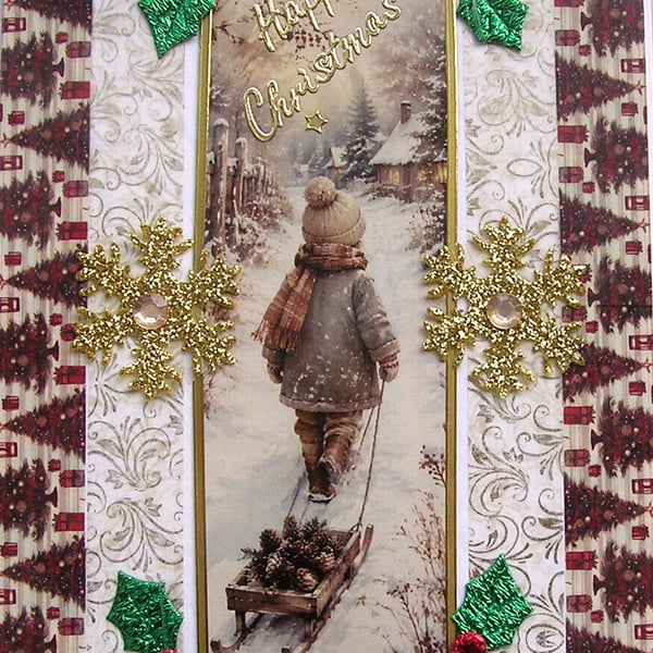 Hand Crafted Decoupage Chistmas Card Happy Christmas (3374) Child Pulling Sledge