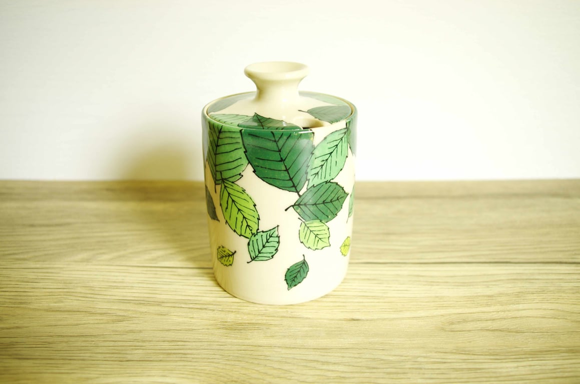 Ceramic Storage Jar with Lid - Green Beech Leaves