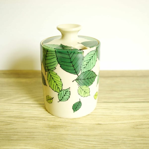 Ceramic Storage Jar with Lid - Green Beech Leaves