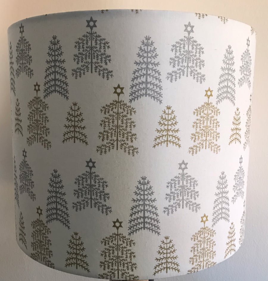 Handmade Christmas Lampshade White with Gold & Silver Christmas Trees