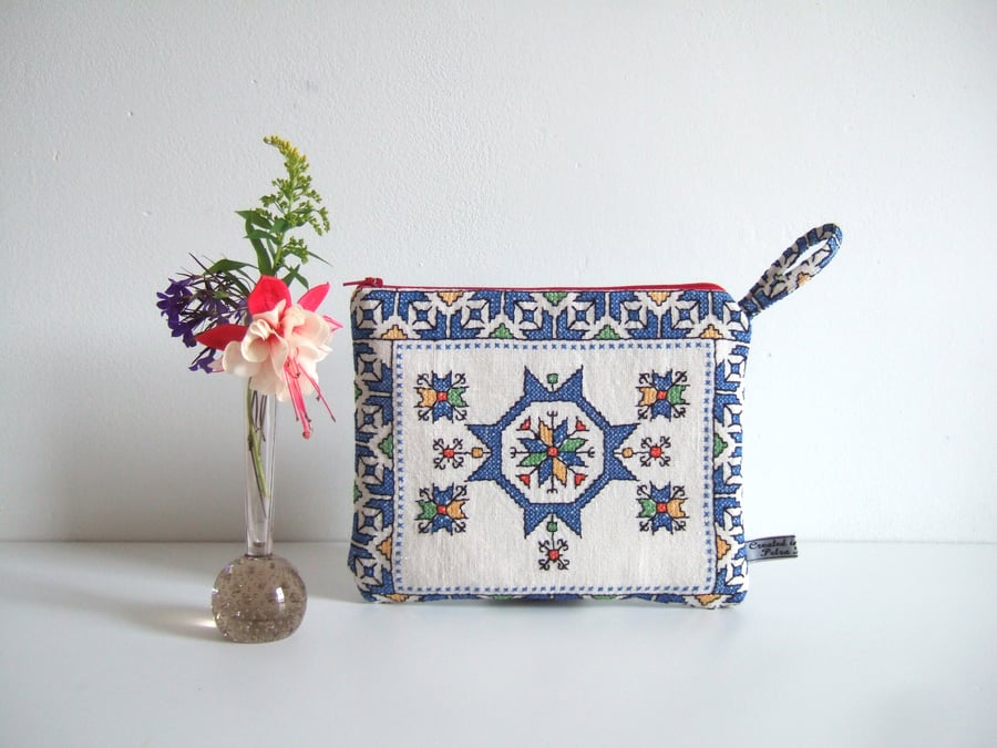 Vintage embroidery geometric pattern  purse, make up bag or man bag