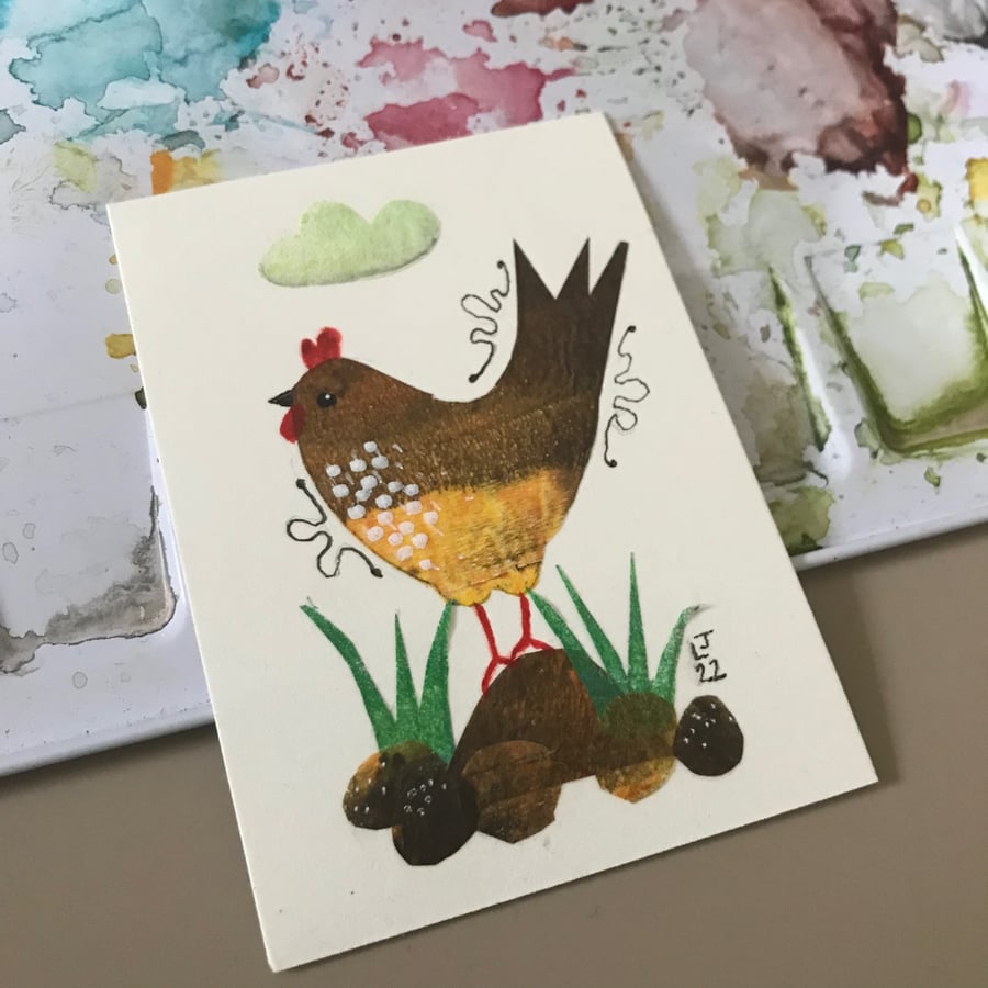 ACEO chicken made with handmade collage papers brown hen 