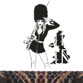 Queen's Guard Brit Girl UK Map Royal Wall Art Sticker Decal Vinyl